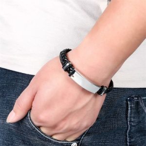 Men's Engraved Braid Leather Bracelet with Stainless Steel