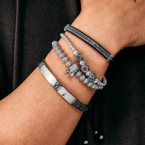 4Pcs Iced Crown Copper Beads and Roman Number Steel Bracelet Set in White Gold