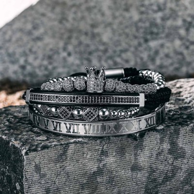 4Pcs Iced Crown Copper Beads and Roman Number Steel Bracelet Set in Black Gold