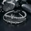 3Pcs Iced Crown Copper Beads Steel Bracelet Set in White Gold