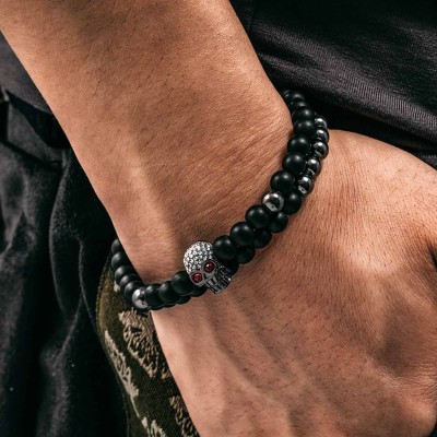 2Pcs Black Frosted & Copper Beads Skull Bracelet
