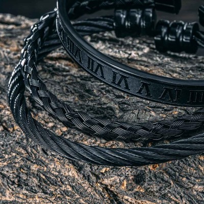 3Pcs Braid Steel Wire Open Bracelet with Roman Numbers Bracelet Set