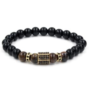 8mm Black Agate and Tiger Eyes Polygon Charm Beads Bracelet