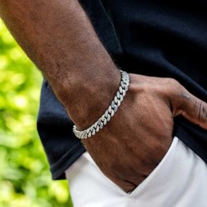 Iced 8mm Handset Gradient Blue Cuban Bracelet in White Gold