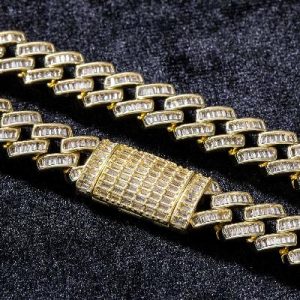 14mm Prong Baguette Cut Box Clasp Cuban Chain in Gold