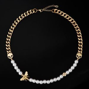 Skull Bee Pearl and Cuban Necklace