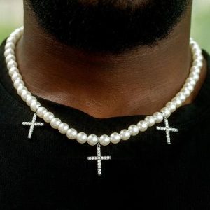Iced Cross Pendant Pearl Necklace