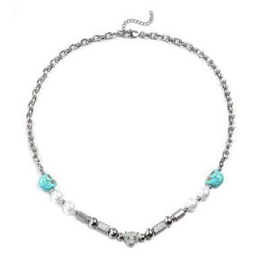 Leopard Charm and Turquoise Skull Pearl Necklace