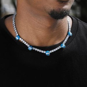 5mm Luminous Blue Cold Face Tennis Chain in White Gold