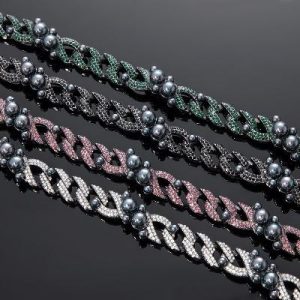 13mm Iced Peacock Pearl Cuban Chain in Black Gold-Emerald/Black/White/Pink