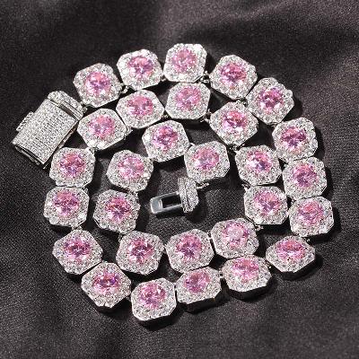 12mm Handset Pink Clustered Tennis Chain in White Gold