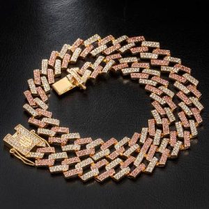 Iced 14mm White & Pink Prong Cuban Chain in Gold