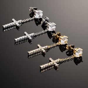 Iced Cross Dangle Stud Earrings