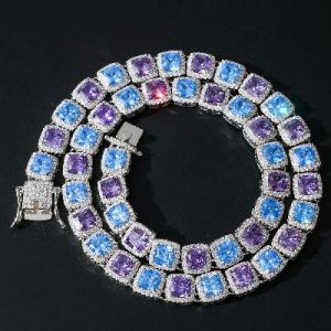 Blue and Purple Handset Stones Clustered Tennis Necklace in White Gold