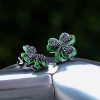 Iced Black Stones Enamel Three-leaf Earrings