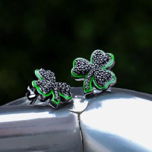 Iced Black Stones Enamel Three-leaf Earrings