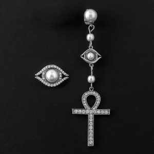 Asymmetric Eye of Amulet Ankh Pearl Earrings