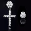 Flower Cluster Cross Asymmetric Earrings in White Gold