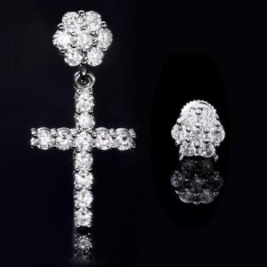 Flower Cluster Cross Asymmetric Earrings in White Gold