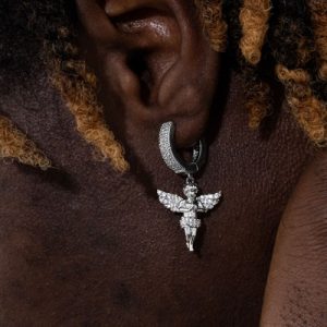 Iced Praying Angel Dangle Earrings in White Gold