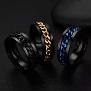 Rotating Titanium Steel Cuban Chain Fidget Ring in Black Gold