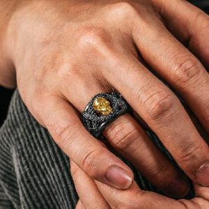 Double Snake with Skull Ring in Black Gold