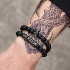 2pcs Iced Crown Black Matte Agate Beaded Elastic Bracelets