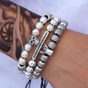 3pcs Iced Skull Crown Beads Bracelet Set