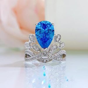 Pear Cut Blue Stone Crown Ring
