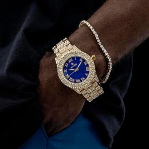 Iced Roman Numerals Blue Dial Men's Watch in Gold
