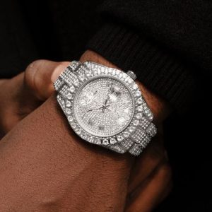Iced Roman Numerals Round Cut Men's Watch in White Gold