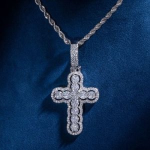 Iced Hollow Round Cut Cross Pendant in White Gold