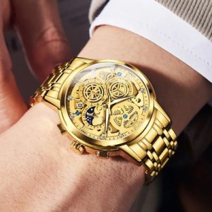 Multi-function Waterproof Luminous Skeleton Quartz Stainless Steel Watch for Men