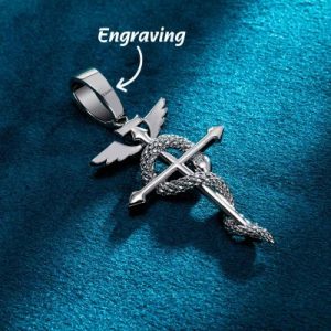 Detached Wings Cross with Snake Greek Caduceus Pendant