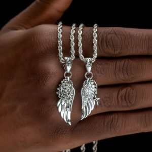 2pcs Couple Iced Angel Wings with Cross Pendant