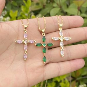 Crystal Cross Pendant Gold Plated Necklace