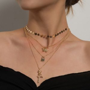 Angel Lock Rose Pendant Layered Necklace
