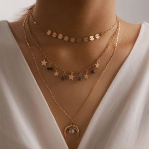 Moon and Star Tassel Layered Necklace
