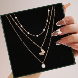 Butterfly Pearl Charm Beaded Chain Necklace Set