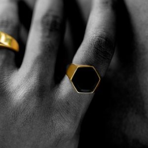 Black Hexagon Signet Titanium Steel Ring in Gold