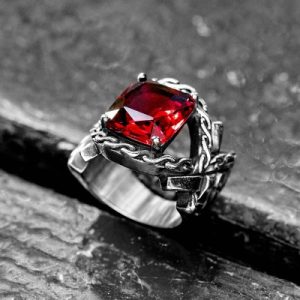Iris Pattern Gem CZ Stainless Steel Ring in Red