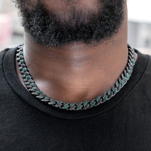 Iced 12mm Handset Emerald & Black Stones Cuban Chain in Black Gold