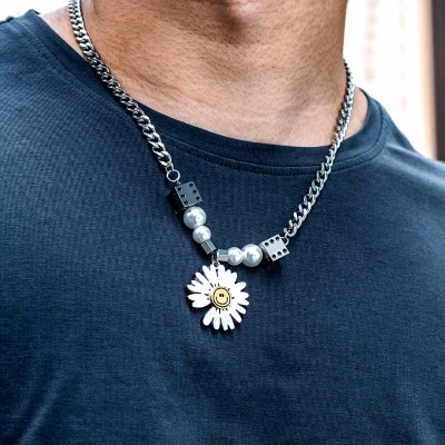 Dice Pearl Daisies Stainless Steel Necklace