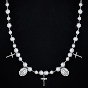 Christian Cross and Virgin Mary Pearl Necklace