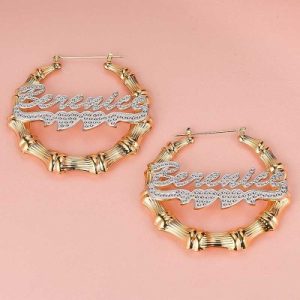 Personalized Two Tone Double Heart Bamboo Name Hoop Earrings