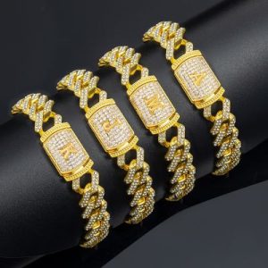 12mm 8" Initial Letter Iced Prong Cuban Bracelet in Gold