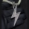 Bling Baguette Cut Lightning Bolt Pendant in White Gold