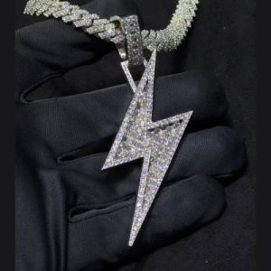 Bling Baguette Cut Lightning Bolt Pendant in White Gold