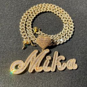 Iced Heart Custom Cursive Name Baguette Pendant