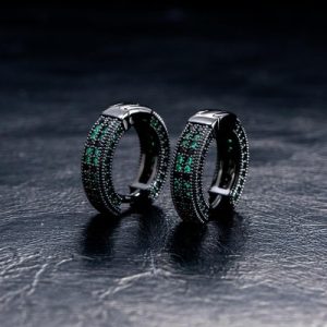 Iced Emerald & Black Stones Hoop Earring In Black Gold